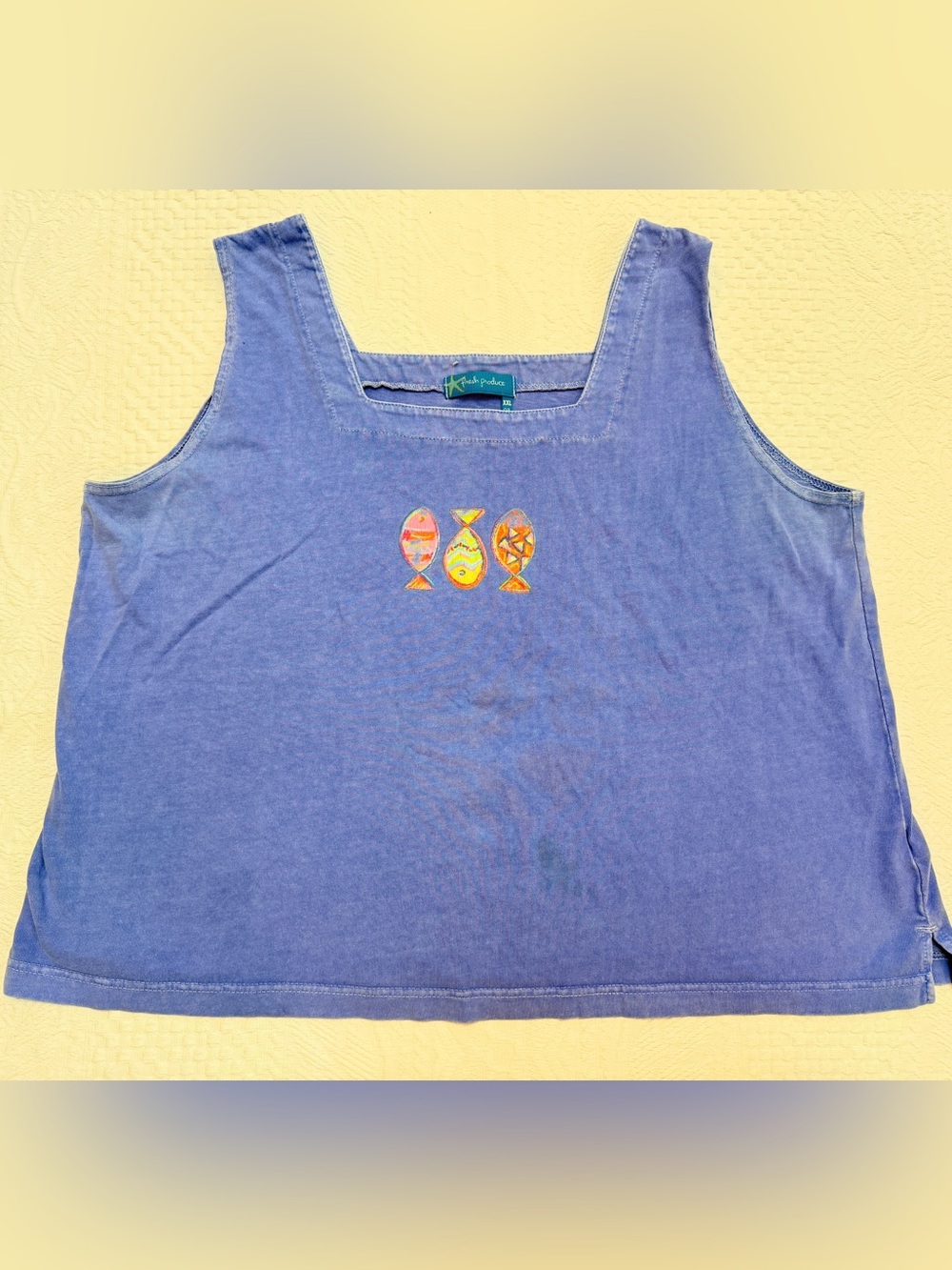 Fresh Produce Cotton Tank Womens XXL 2XL Periwinkle Blue Fish Beach Shirt